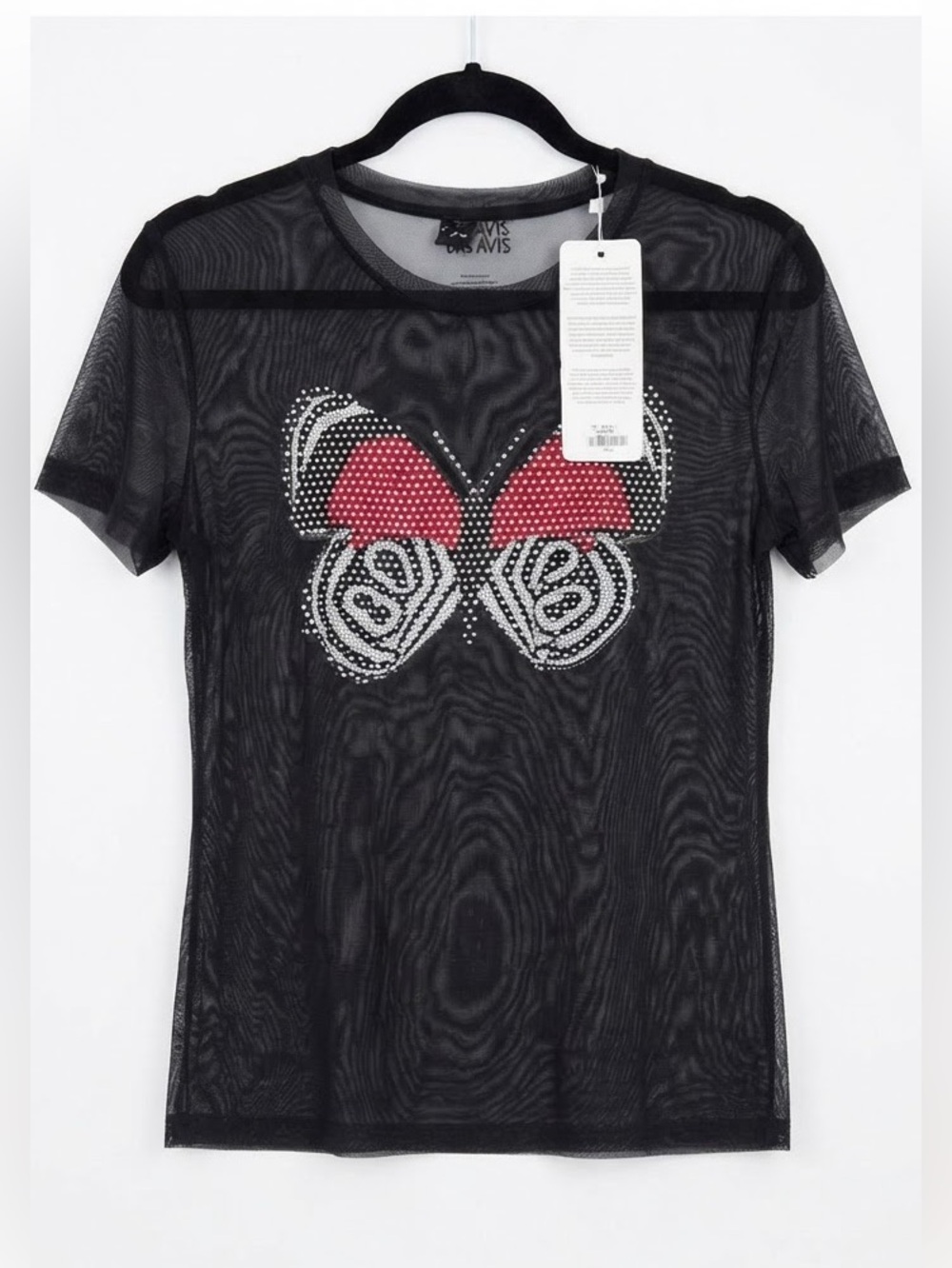 NWT Sheer Black Floral Mesh Butterfly Rhinestone Tee Top Y2K Grunge Fairy / S